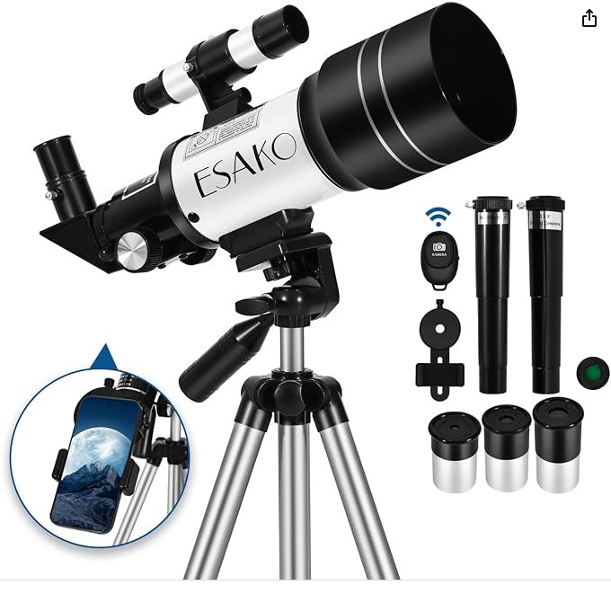 ESAKO Telescope for Beginners & Adults, 70mm Portable Beginner Telescopes with 3 Eyepieces, Height Adjustable Tripod & Phone Adapter